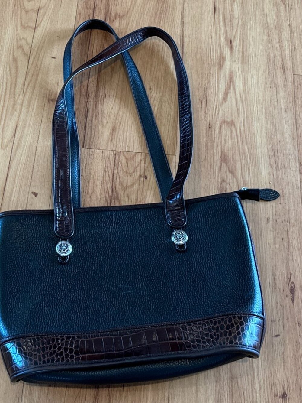 Vtg Brighton Gina Collection Pebbled Black Leather Brown Croc Embossed Bucket